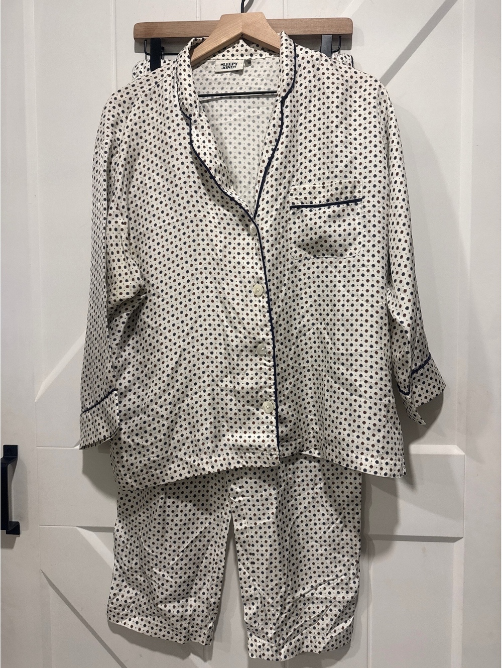 Sleepy Jones 100% Silk Classic Marina Two-Piece Polka Dot Pajama Set, Size M/L